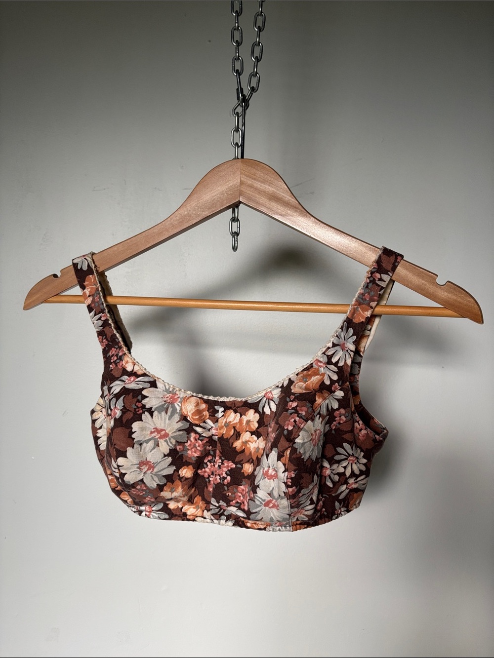 Vintage 1960s Groovy Brown Daisy Bullet Bikini Top Floral Crop Top